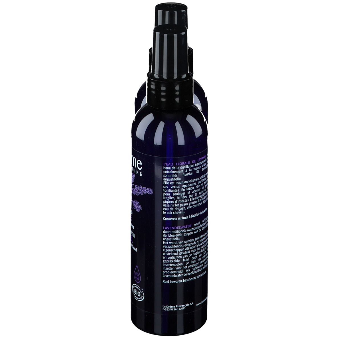 Twee blauwe spuitflessen met zwarte sproeikop. Opschrift: Ladrôme Lavande, Bio. Met Bio-keurmerk.