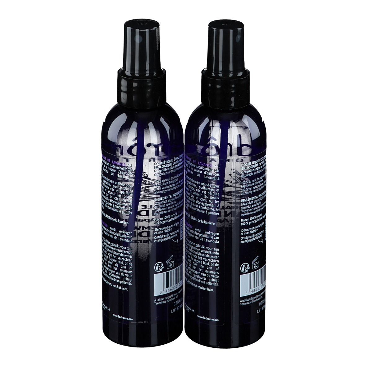 Twee blauwe spuitflessen met zwarte sproeikop. Opschrift: Ladrôme Lavande, Bio. Met Bio-keurmerk.