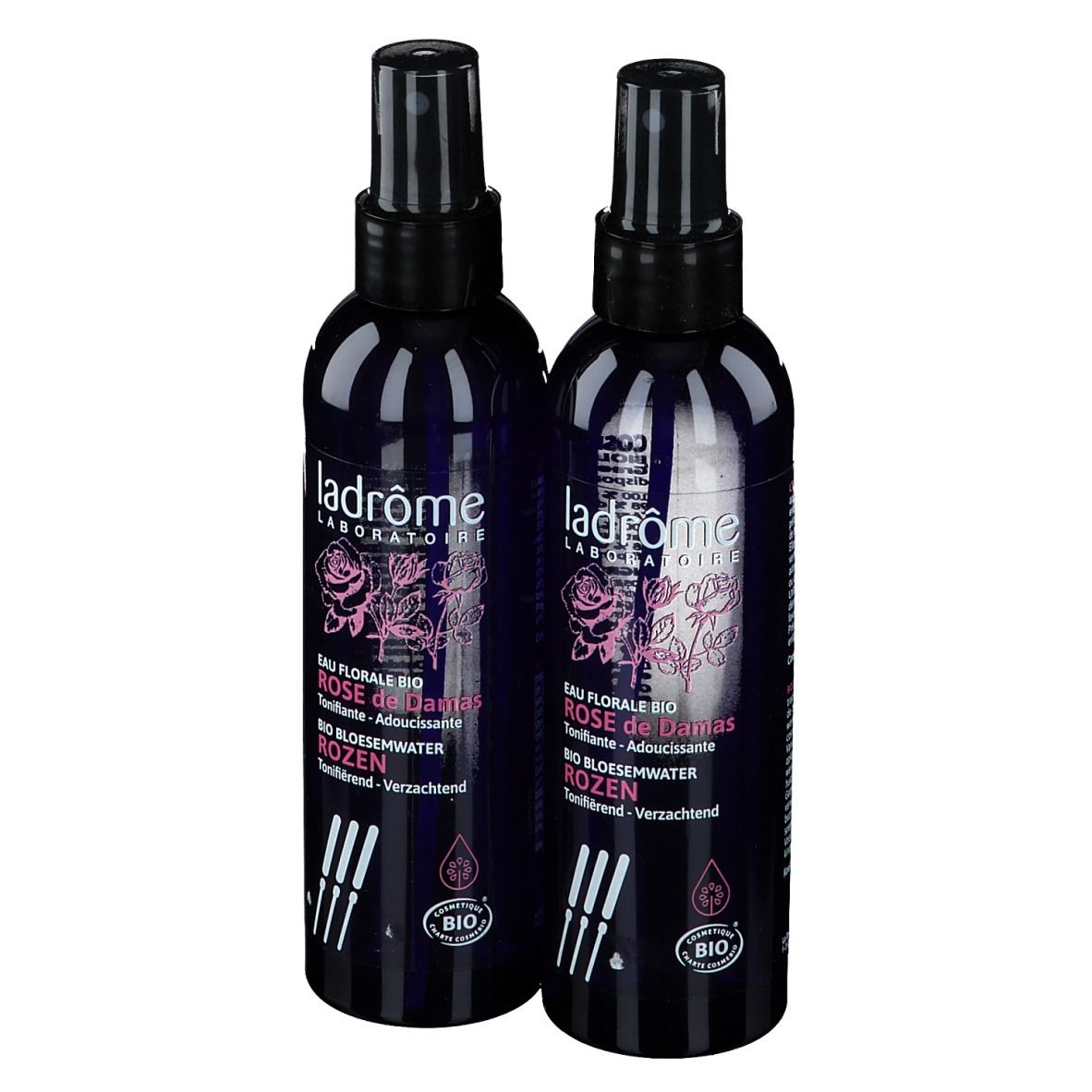 Deux flacons avec vaporisateur. Inscription: Eau florale bio Rose de Damas. Certification bio.