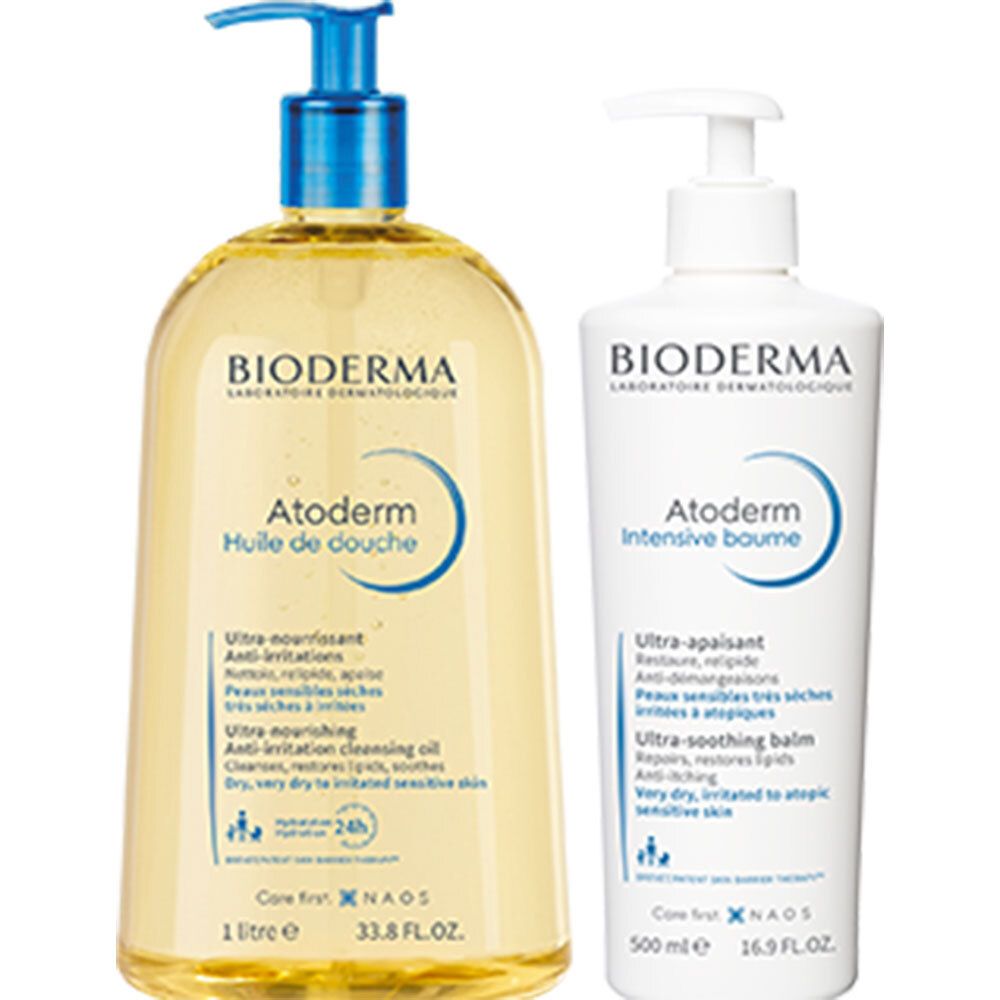 Twee flessen BIODERMA Atoderm. Een gele fles met blauwe pomp, de andere wit met witte pomp.