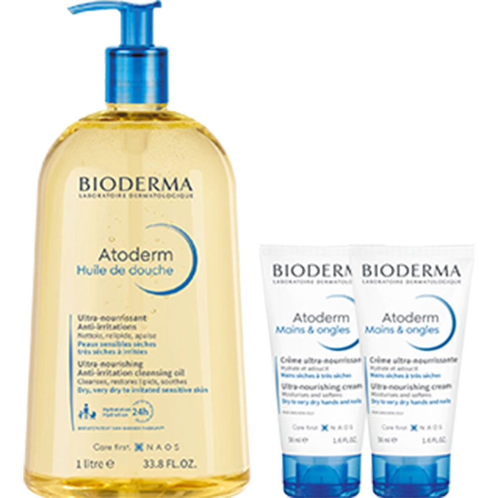 BIODERMA Atoderm doucheolie en handcrème. Een grote fles en twee tubes. Opschrift: Ultra-voedend, anti-irritatie.