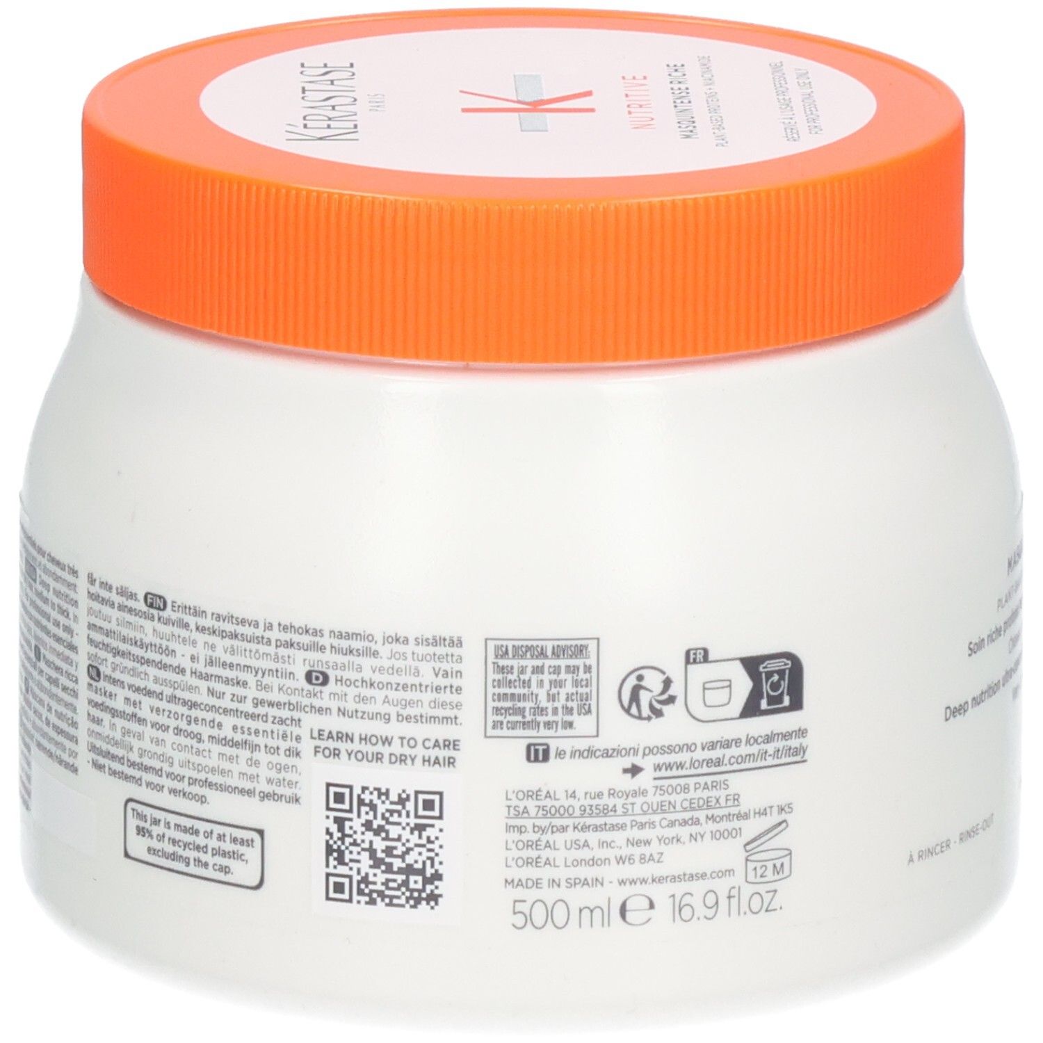 Rückseite der Kérastase Nutritive Masquintense Riche Maske (500ml) mit Inhaltsstoffen und Anwendungshinweisen.