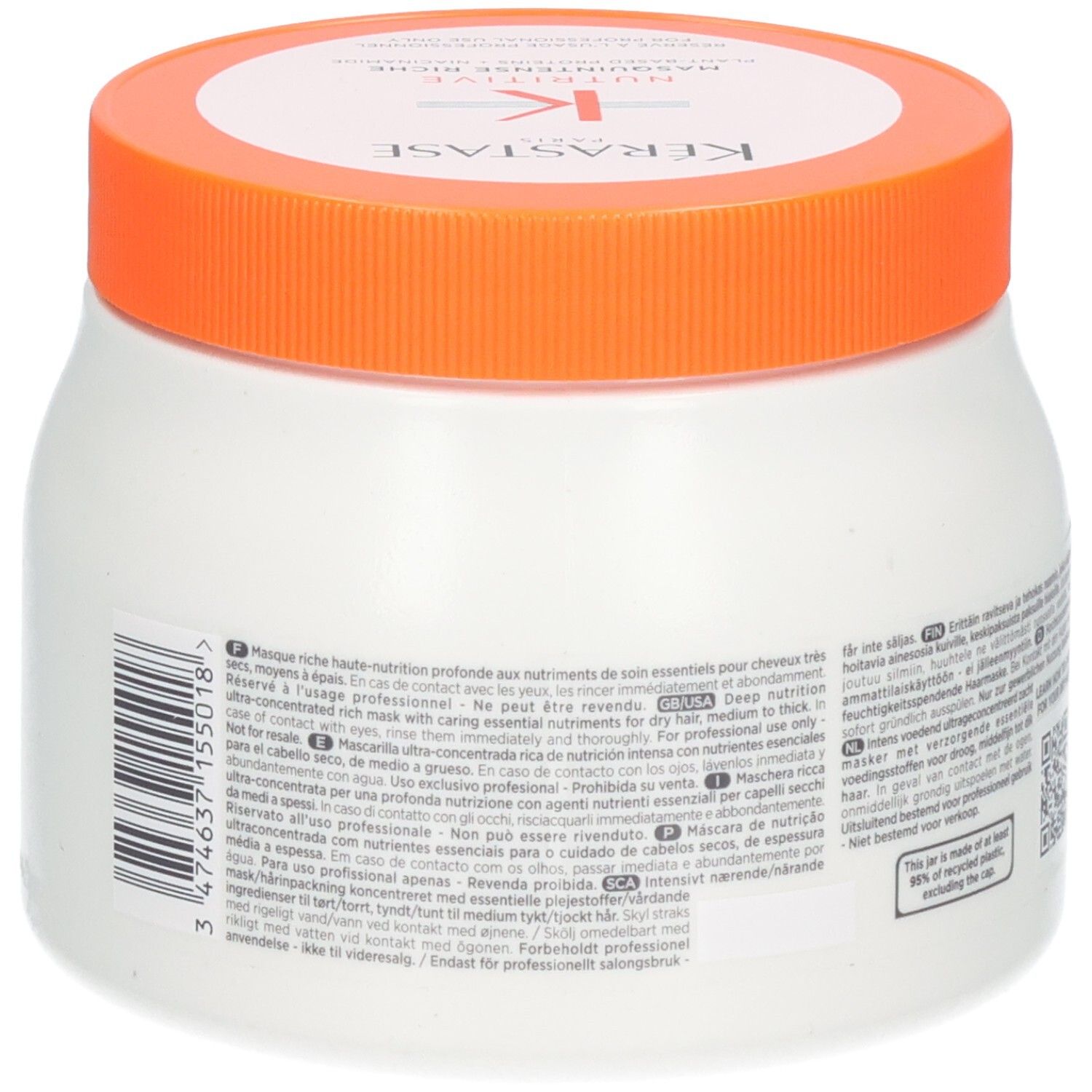 Seitenansicht der Kérastase Nutritive Masquintense Riche Maske (500ml) mit Barcode und Produktinformationen.