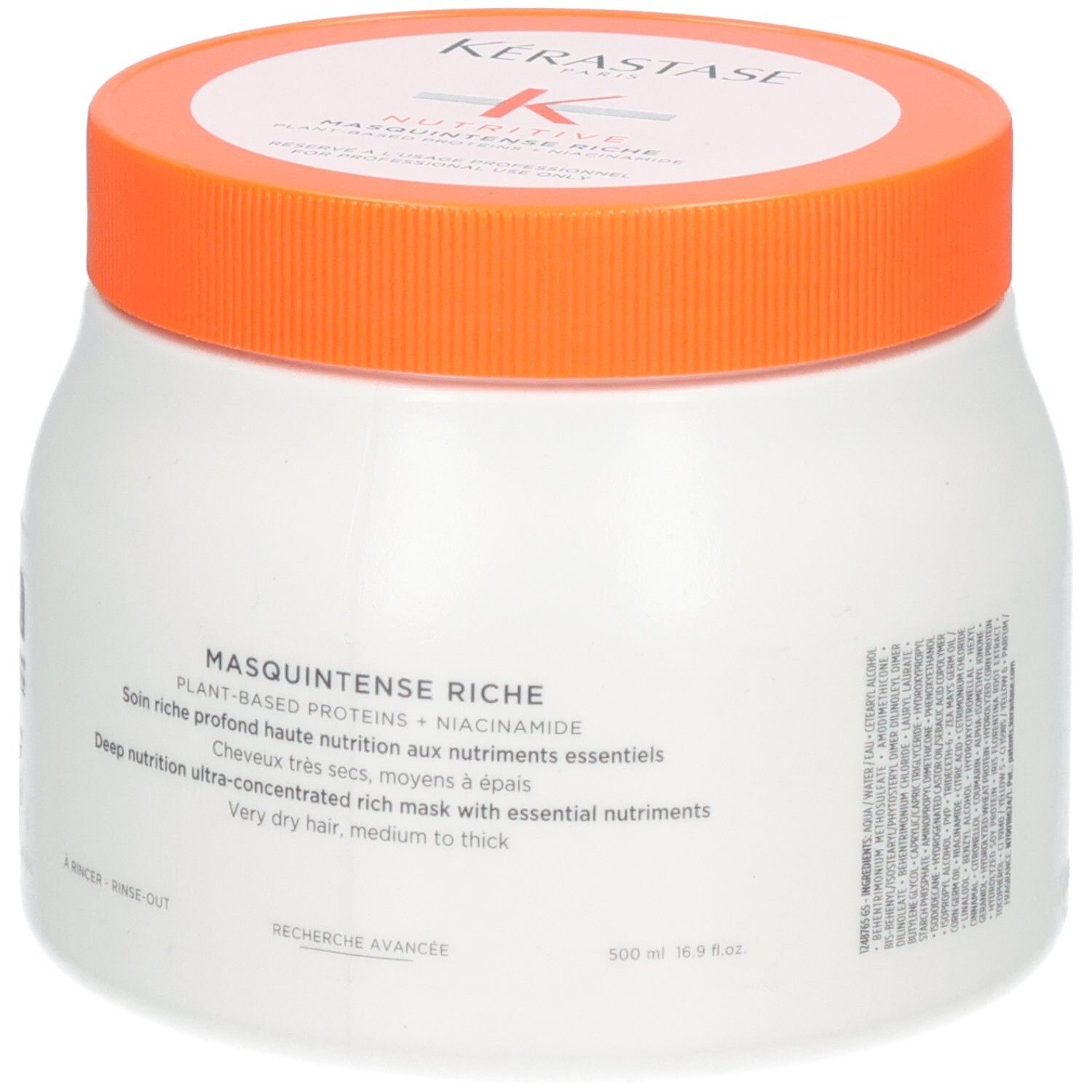 Kérastase Nutritive Masquintense Riche Maske, 500ml. Vorderseite mit Produktbezeichnung und Logo.