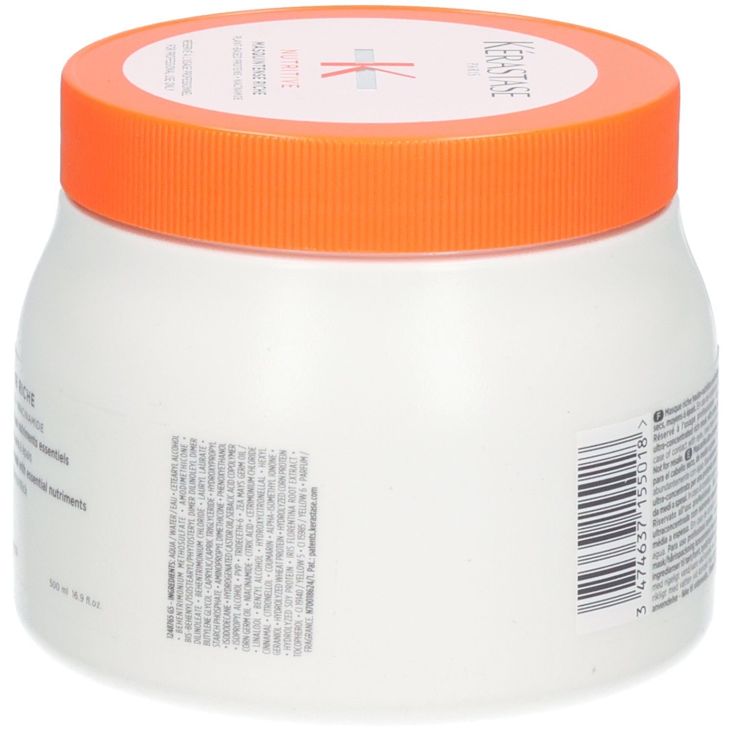 Seitenansicht der Kérastase Nutritive Masquintense Riche Maske (500ml) mit Etikett und Barcode.