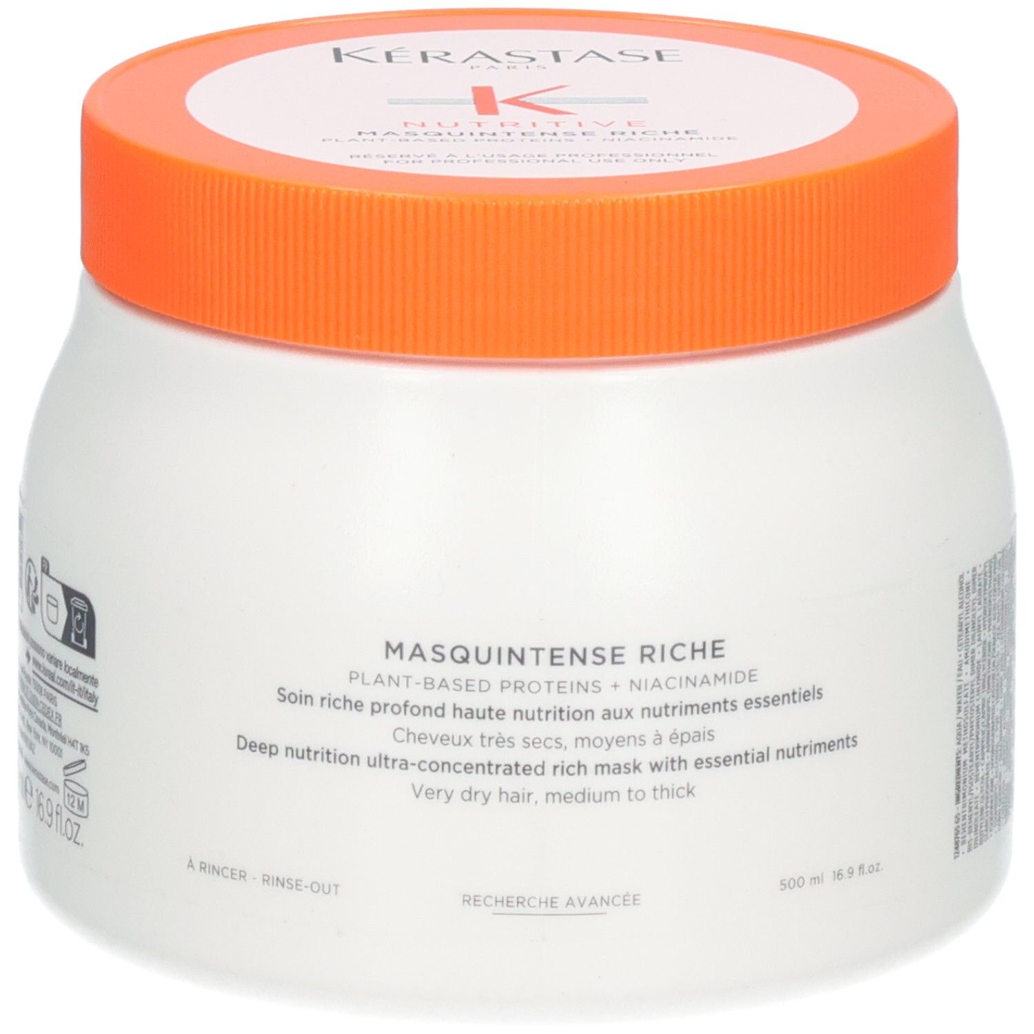 Kérastase Nutritive Masquintense Riche Maske, 500ml. Ansicht von vorne mit Etikett und Deckel.