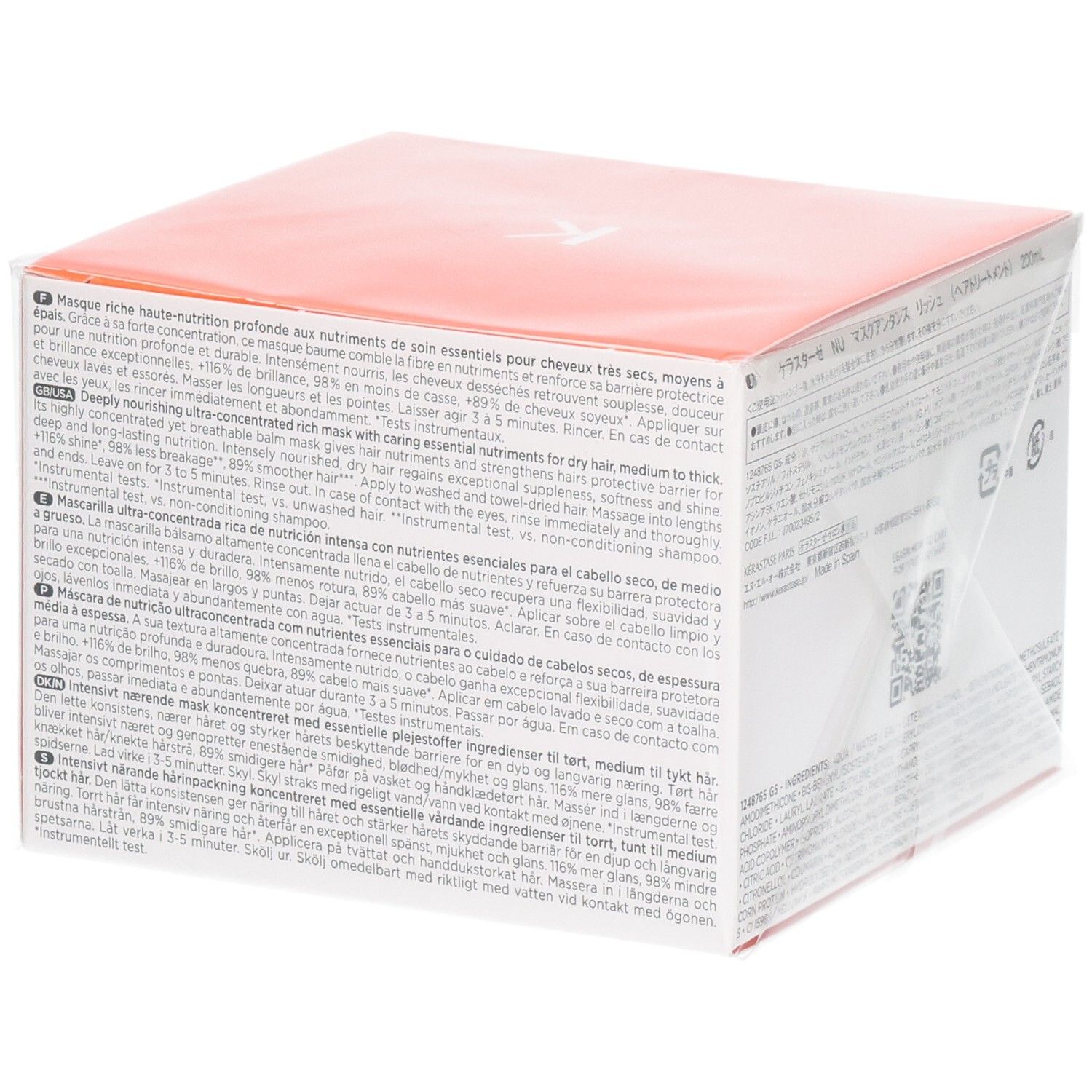 Verpackung einer Haarkur mit detaillierten Anwendungshinweisen und Inhaltsstoffen.