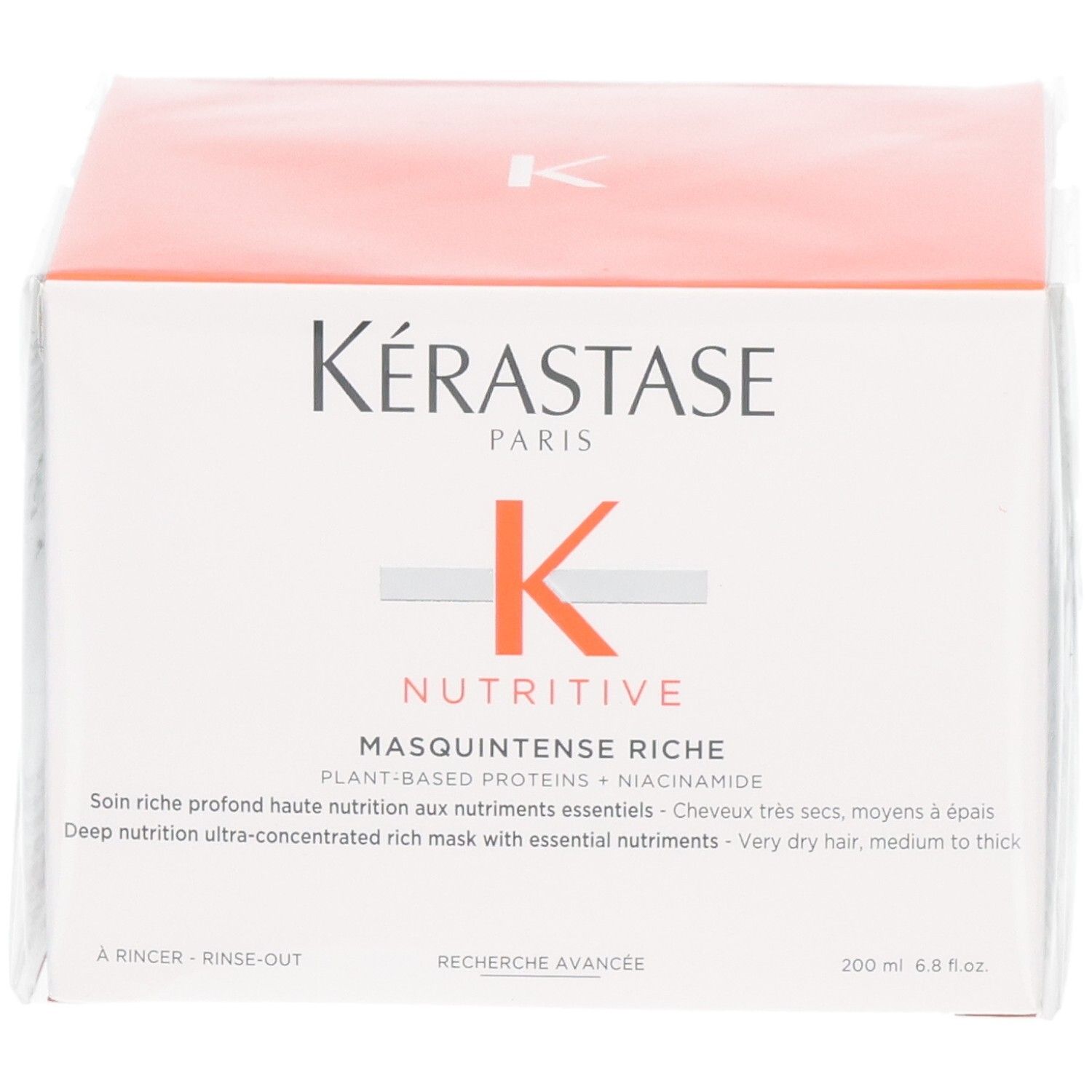Kérastase Nutritive Masquintense Riche Haarkur-Verpackung mit K-Logo und Produktinformationen.