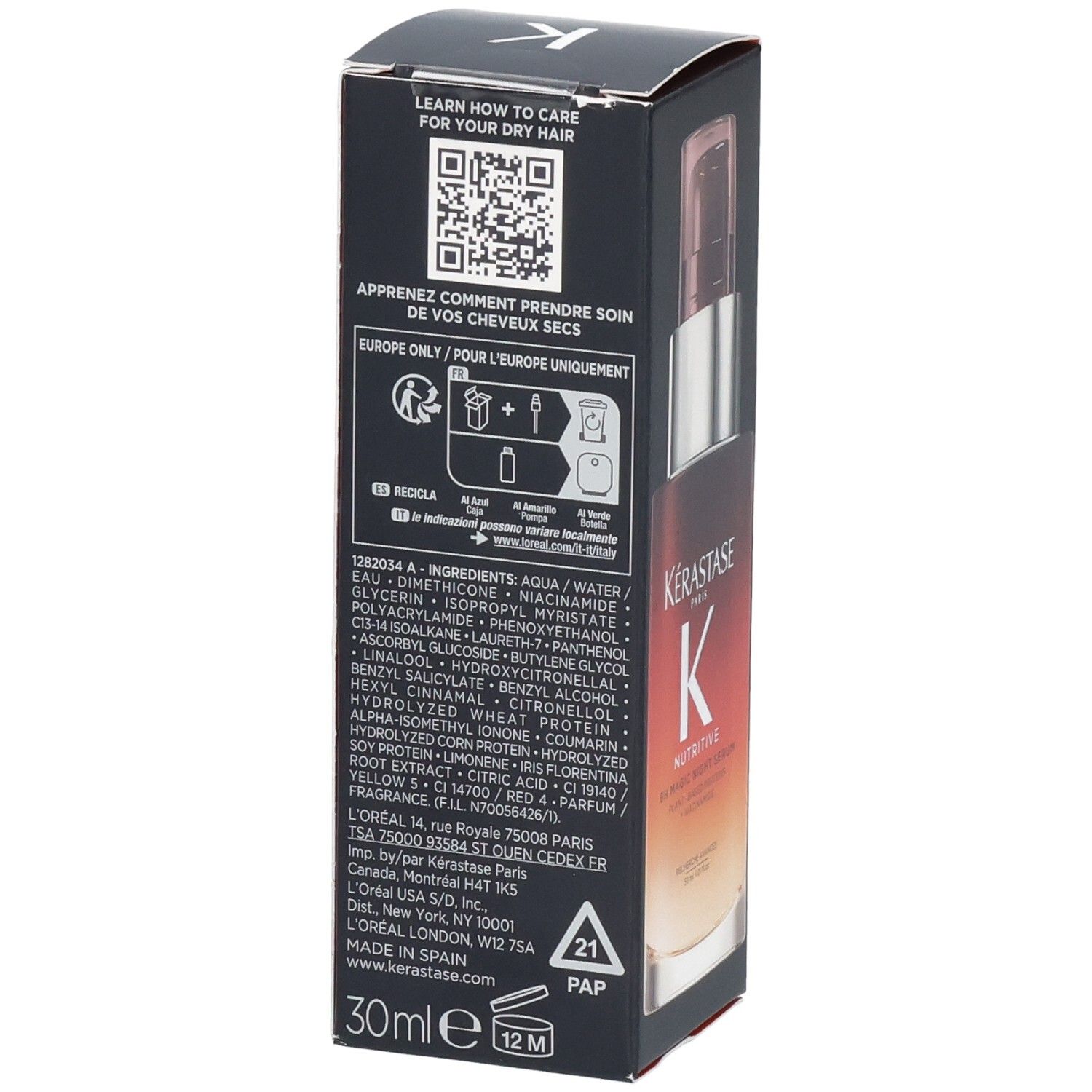 Rückseite der Kérastase Nutritive 8h Magic Night Serum Verpackung mit Inhaltsstoffen und Anwendungshinweisen.