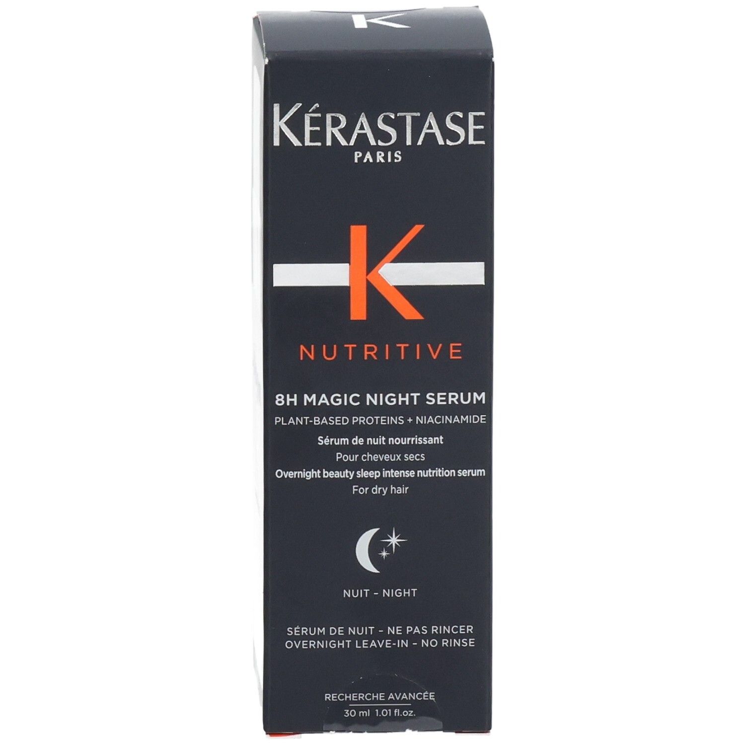 Vorderseite der Kérastase Nutritive 8h Magic Night Serum Kartonverpackung mit Produktnamen und Logo.