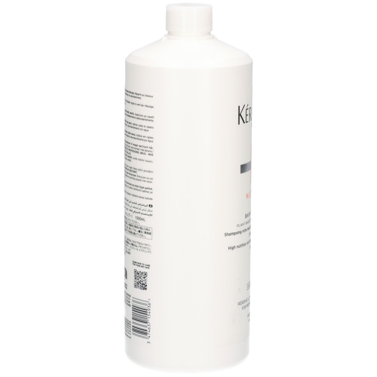 Rückseite der weißen Kérastase Nutritive Bain Satin Riche Shampoo-Flasche mit Text.