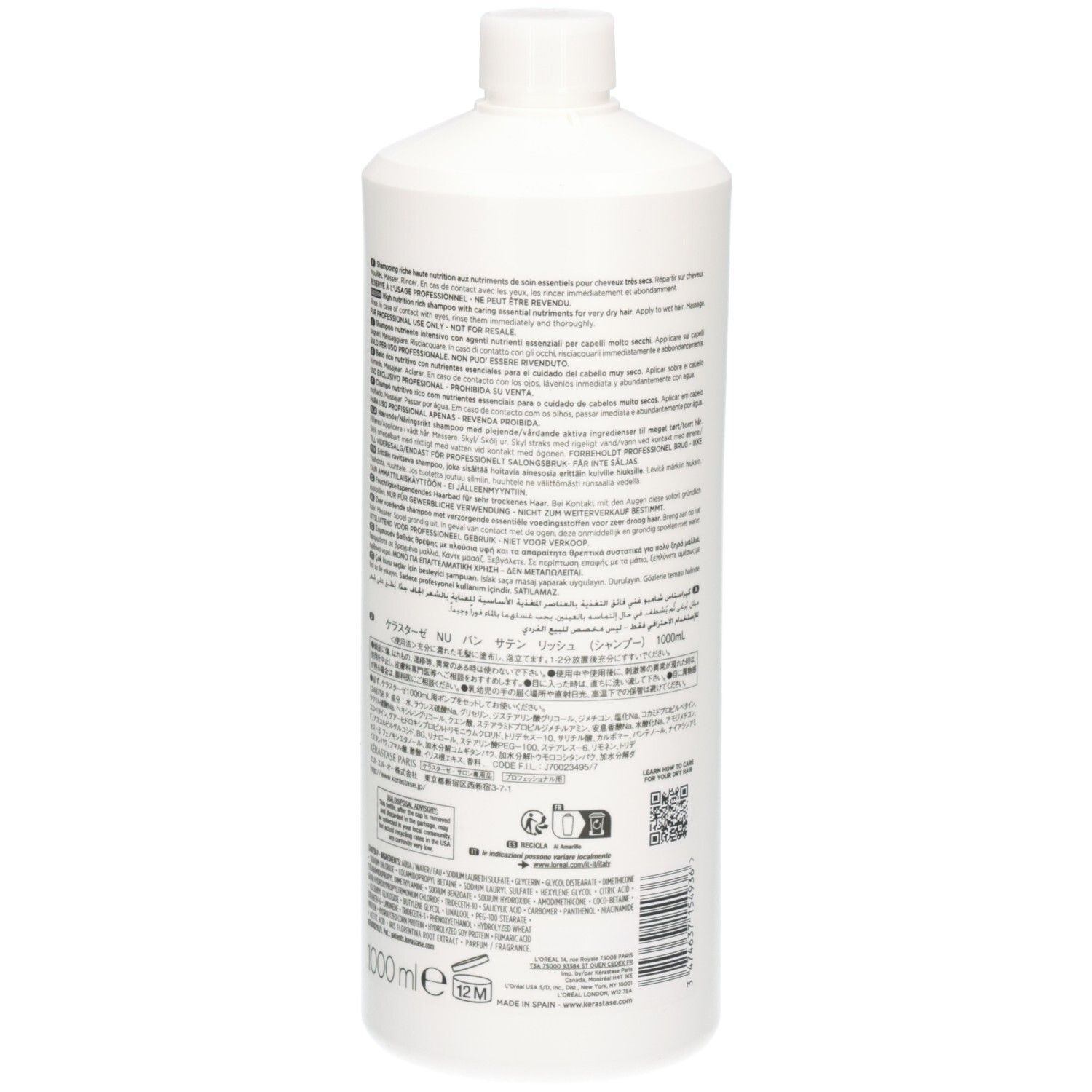 Rückseite der weißen Kérastase Nutritive Bain Satin Riche Shampoo-Flasche mit Text und Barcode.