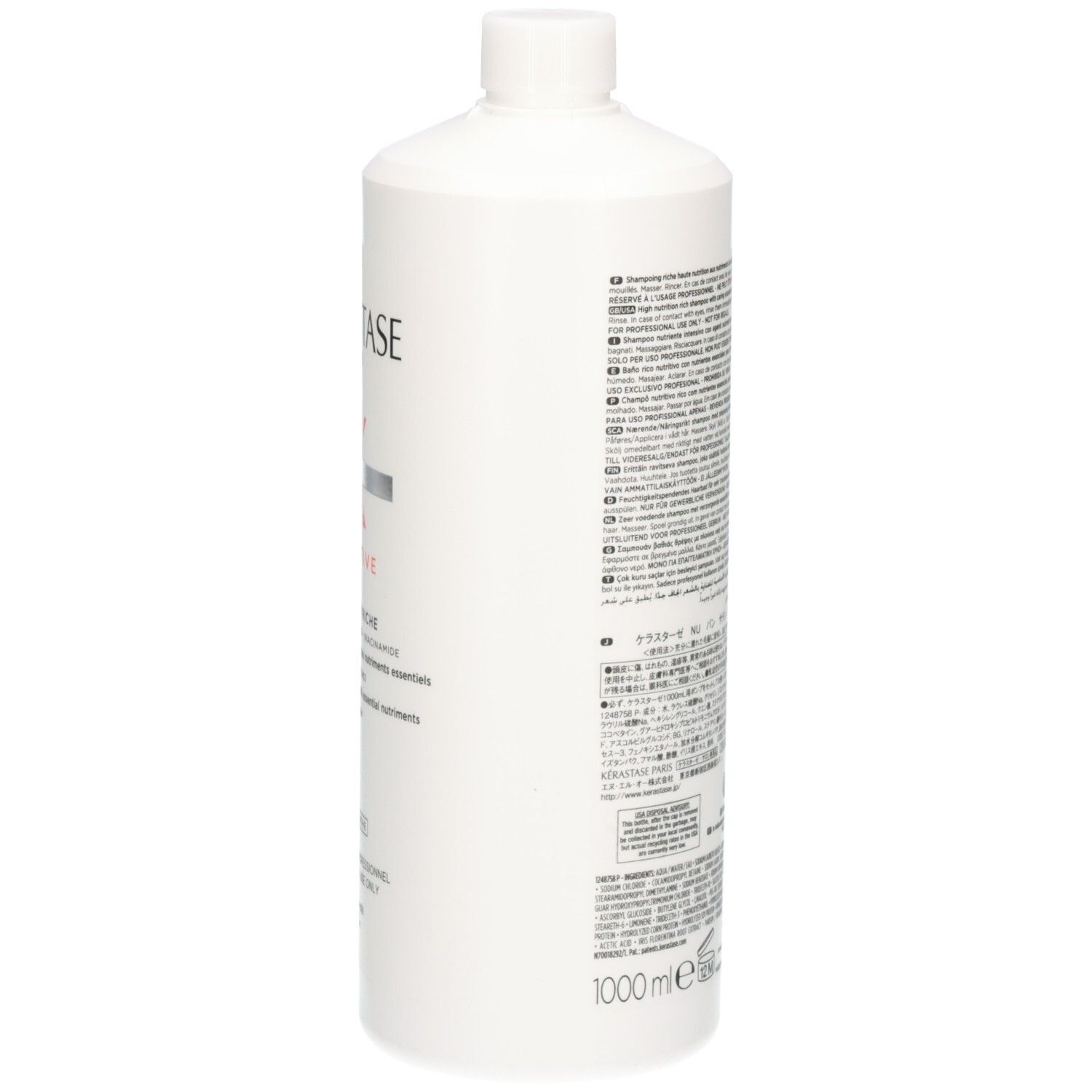 Rückseite der weißen Kérastase Nutritive Bain Satin Riche Shampoo-Flasche mit Text und Barcode.