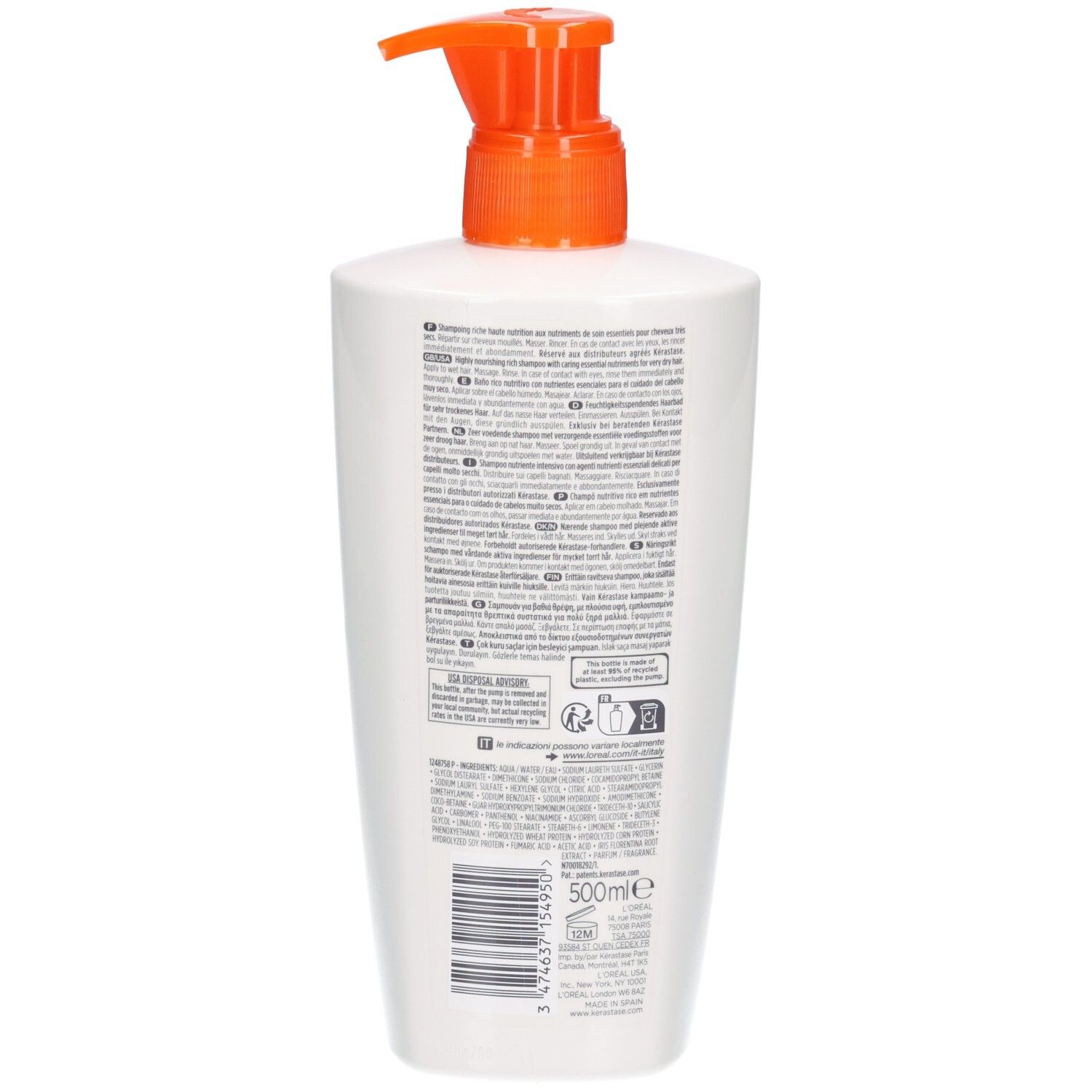 Rückseite des Kérastase Nutritive Bain Satin Riche Shampoos mit Etikett und Barcode, 500ml.