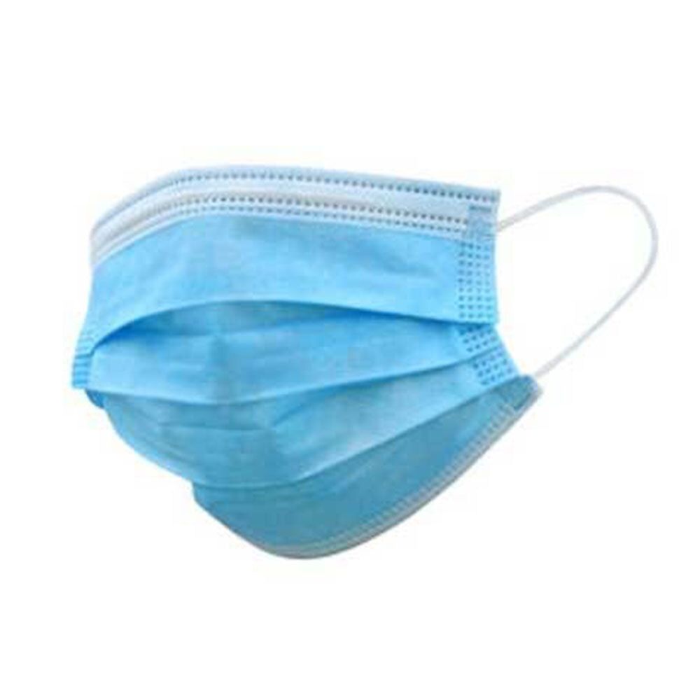 Lichtblauw wegwerp gezichtsmasker met drie lagen en witte oorlussen. Het masker is opgevouwen en heeft een rechthoekige vorm.