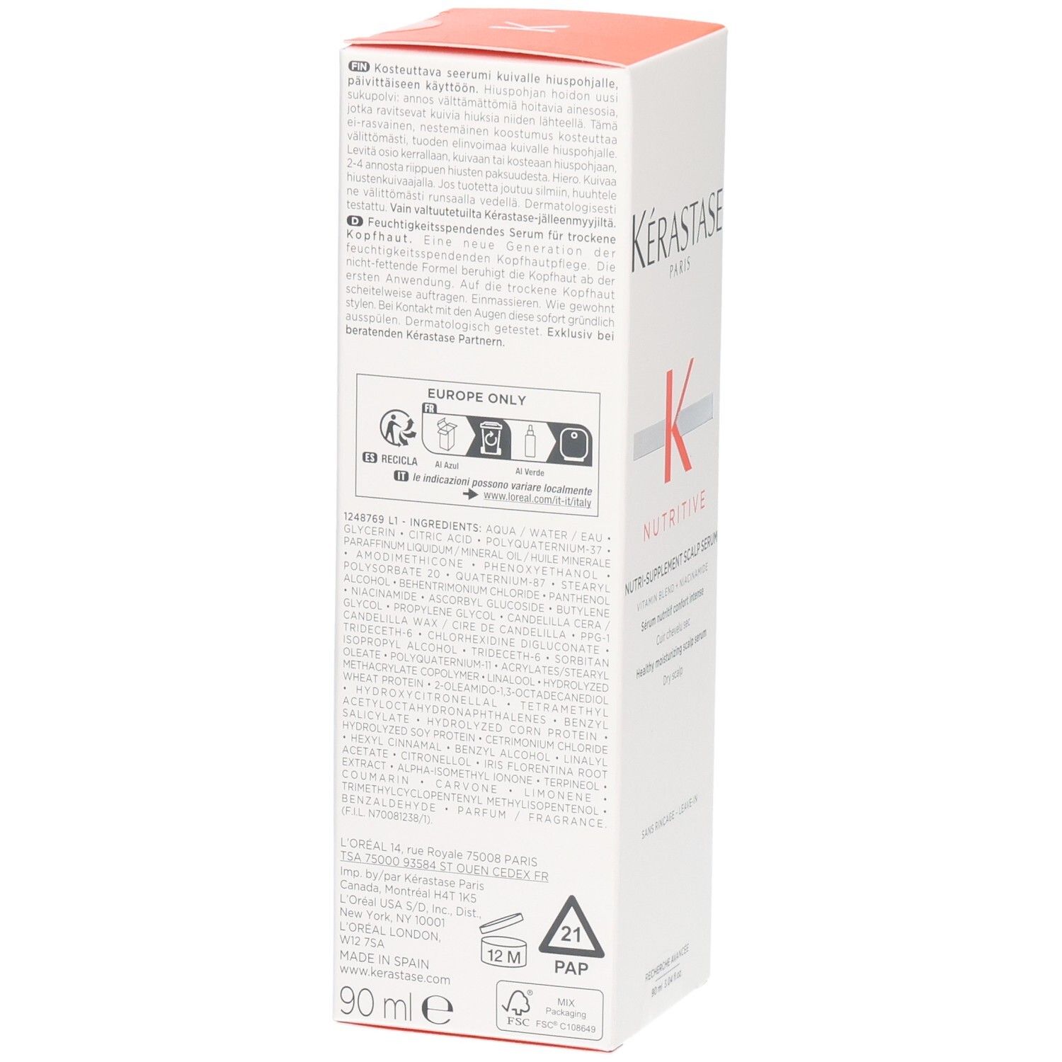 Rückseite der Kérastase Nutritive Nutri-Supplement Scalp Serum Verpackung mit Inhaltsstoffen und Anwendungshinweisen.