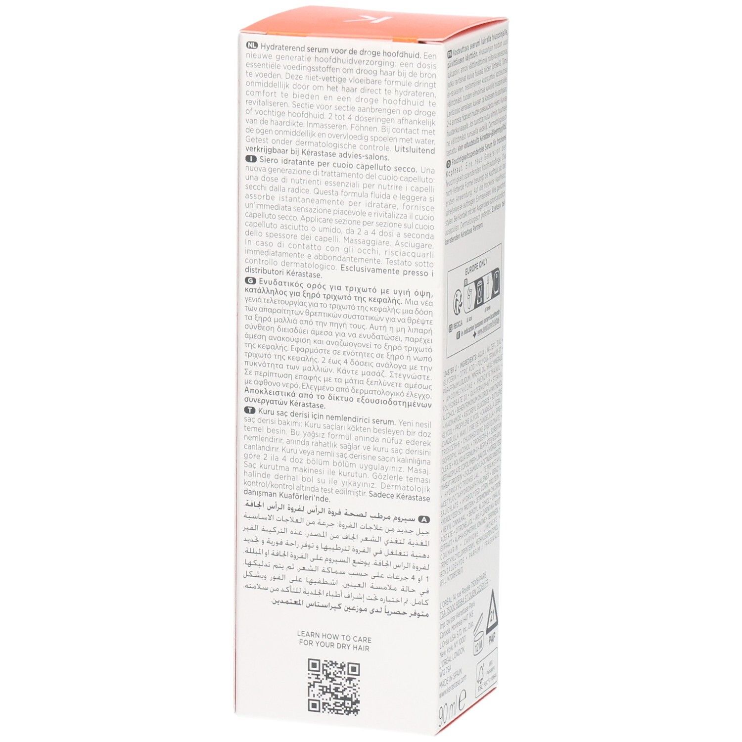 Seite der Kérastase Nutritive Nutri-Supplement Scalp Serum Verpackung mit mehrsprachigen Informationen.