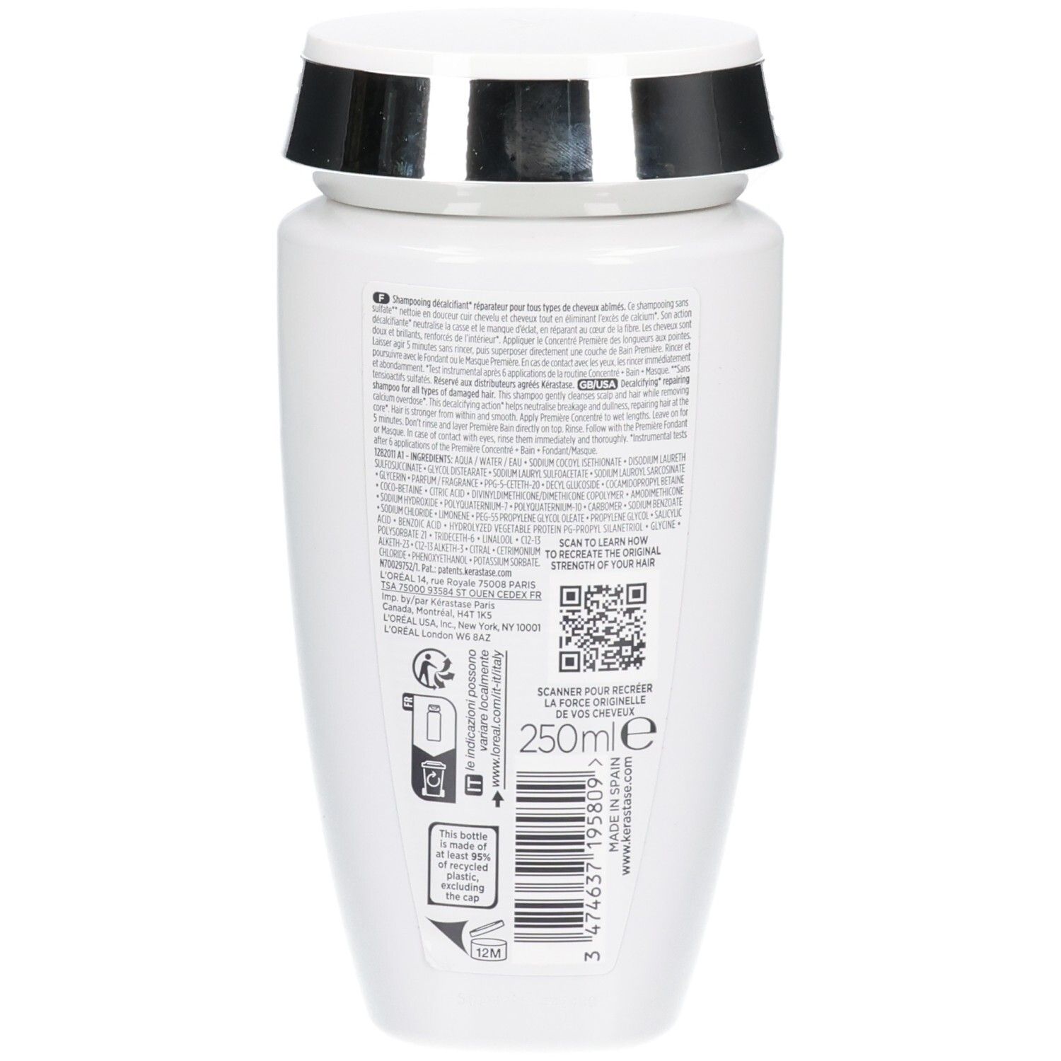 Kérastase Première Shampoo Flasche, Rückseite mit Details zu Inhaltsstoffen und Anwendung.