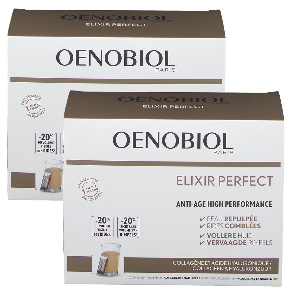 Zwei Kartons Oenobiol Elixir Perfect. Aufschrift: Anti-Age High Performance. Enthält Kollagen und Hyaluronsäure. Sichtbare Reduzierung von Falten.