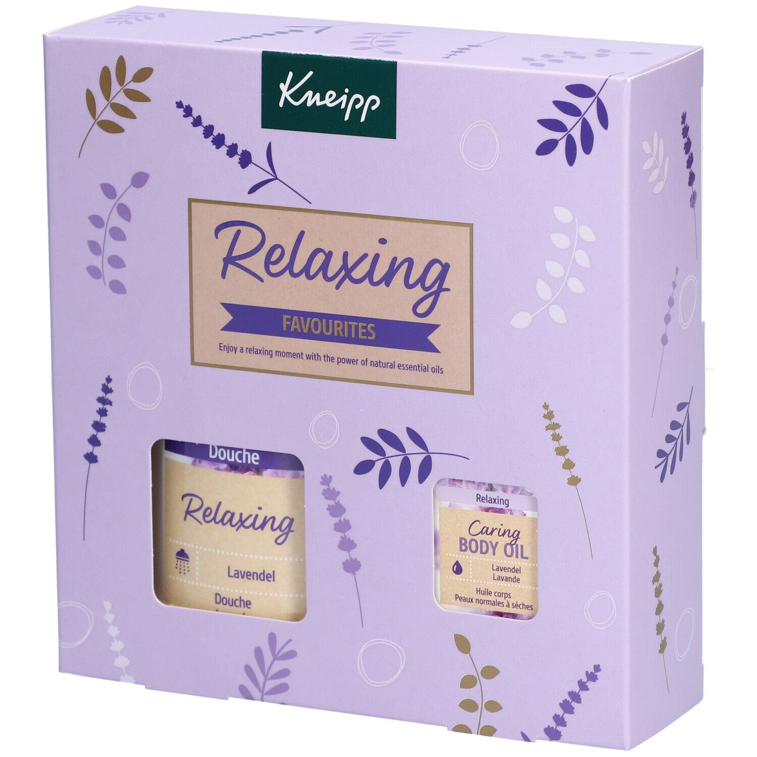 Coffret cadeau Kneipp Relaxing avec gel douche et huile pour le corps. Emballage violet avec motifs floraux.