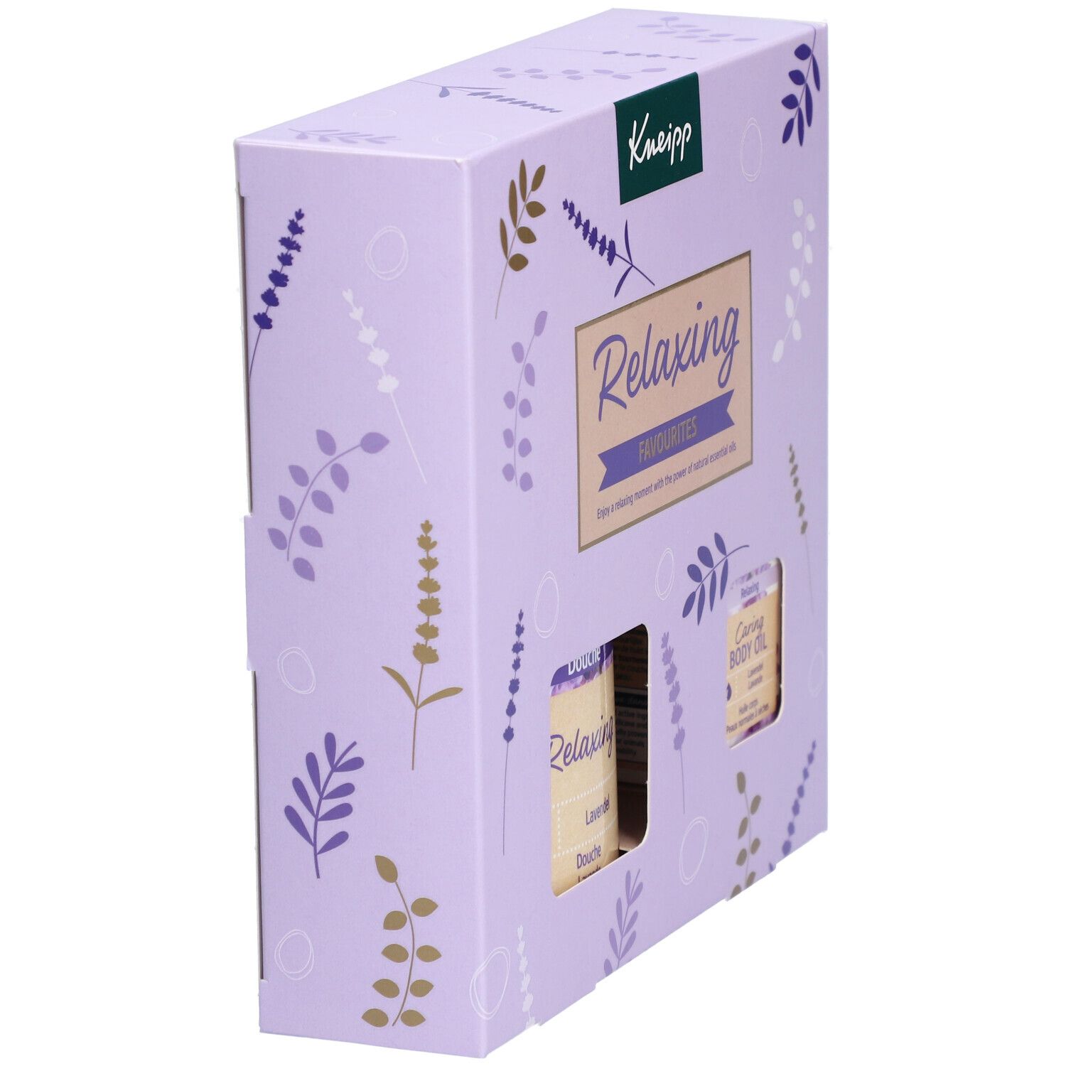 Vue latérale du coffret cadeau Kneipp Relaxing. Emballage violet avec motifs floraux. Produit partiellement visible.