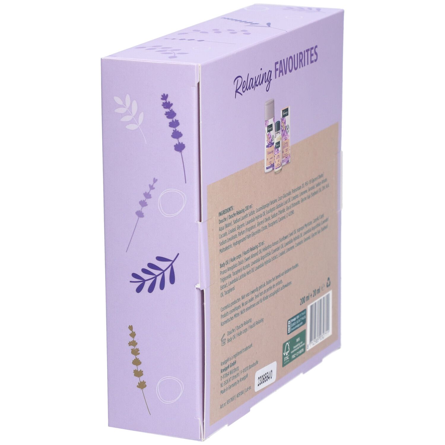 Vue latérale du coffret cadeau Kneipp Relaxing avec informations produit. Emballage violet avec motifs floraux.
