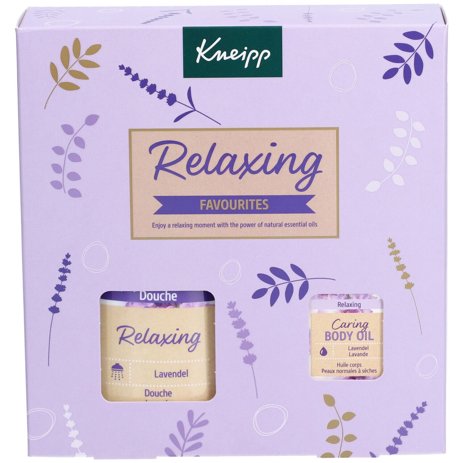 Vue de face du coffret cadeau Kneipp Relaxing. Contient gel douche et huile corps. Emballage violet.