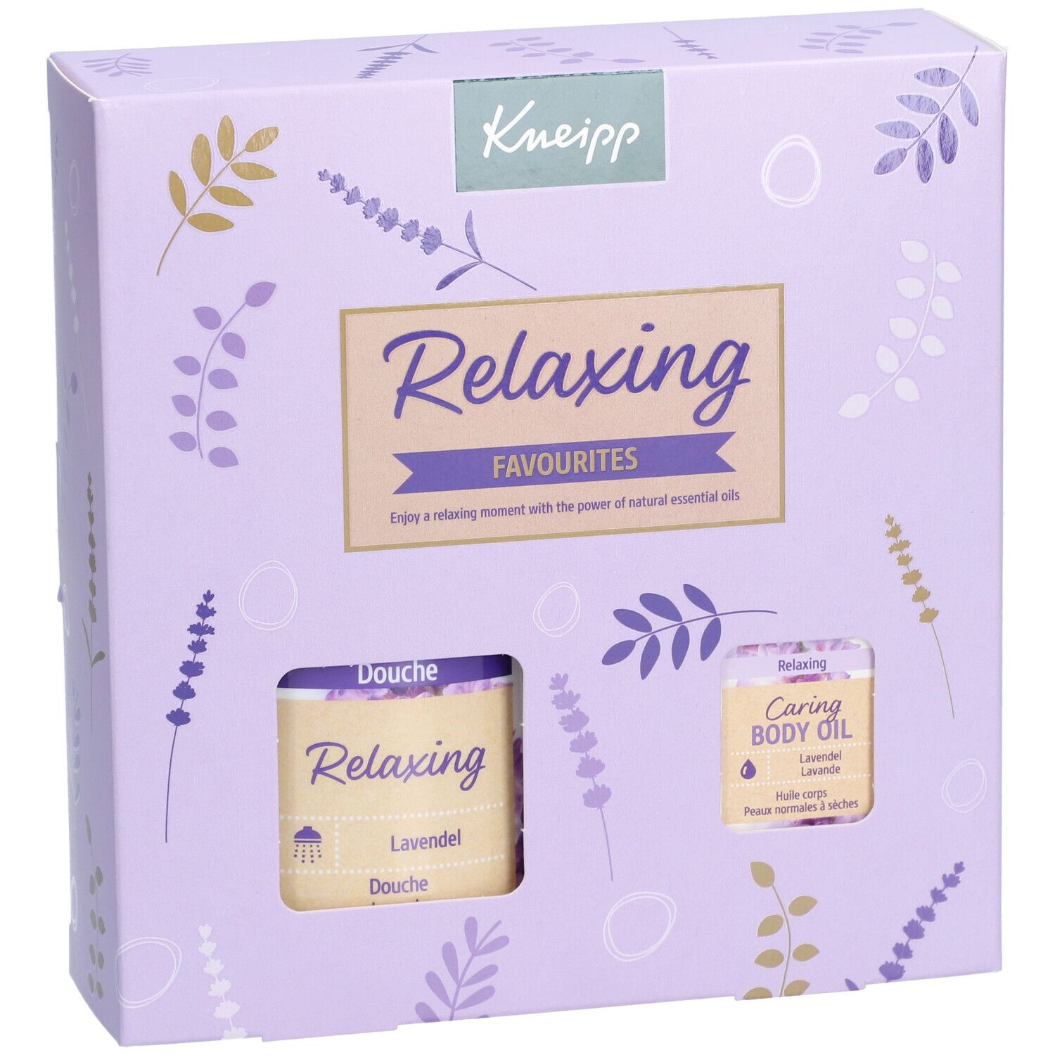Vue de face du coffret cadeau Kneipp Relaxing. Gel douche et huile corps visibles. Emballage violet.