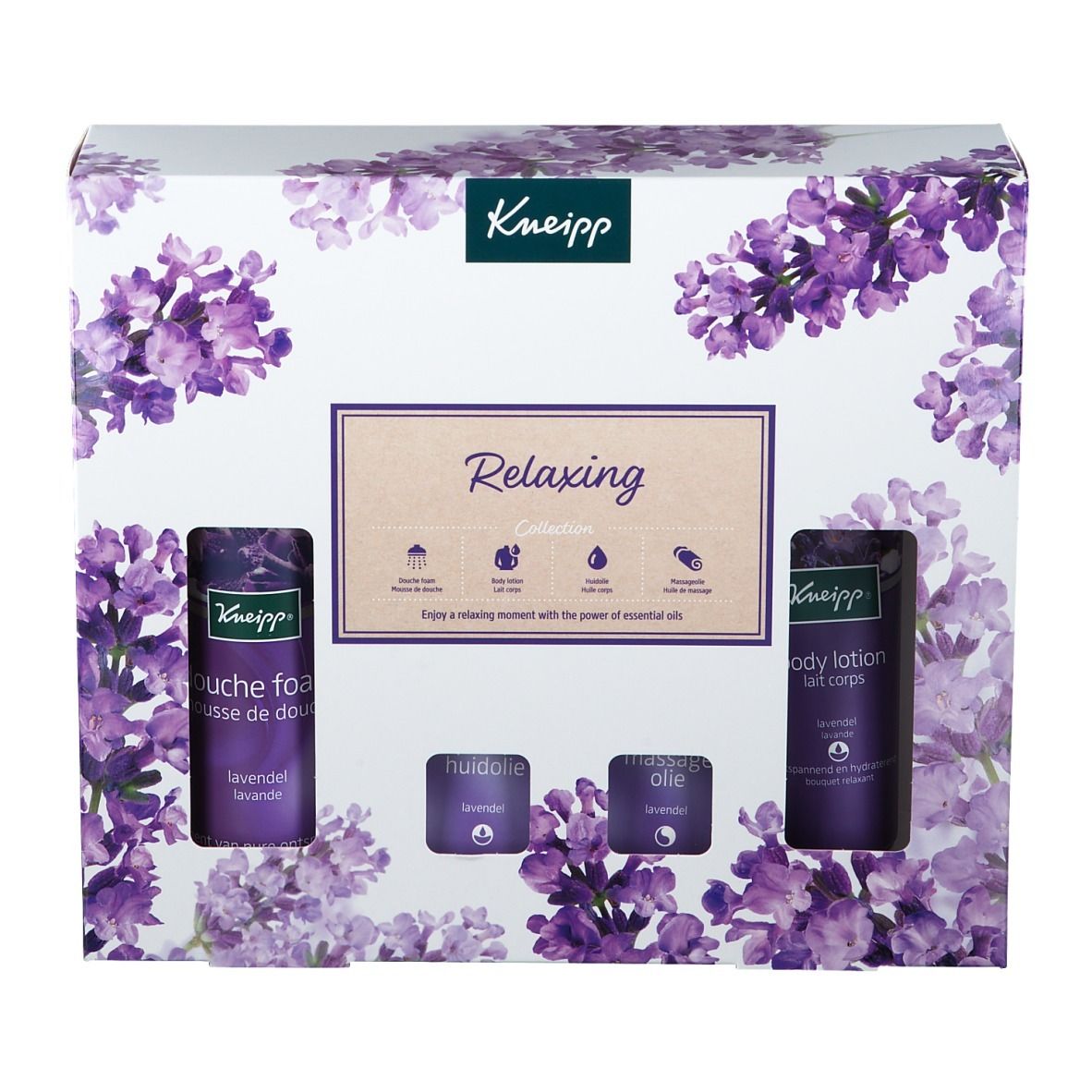 Kneipp cadeauverpakking met paars bloemmotief. Bevat douche foam, bodylotion, badolie en huidolie.