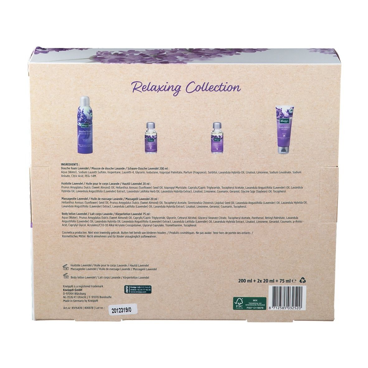 Achterkant van de cadeauverpakking met productinformatie en ingrediënten. Kneipp-logo en certificeringen.