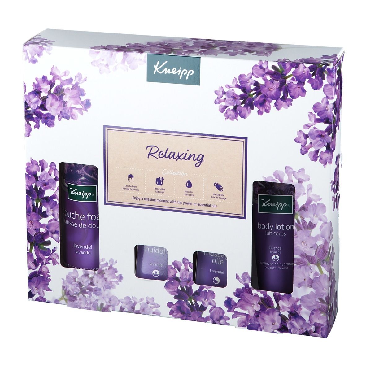 Kneipp cadeauverpakking met paars bloemmotief. Bevat douche foam, bodylotion, badolie en huidolie.