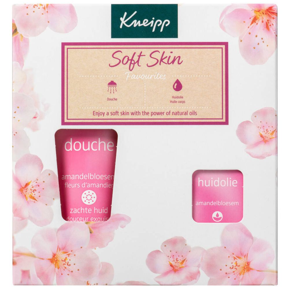 Cadeauset met roze bloemenmotief. Bevat douchegel en huidolie. Merk Kneipp, tekst Soft Skin.