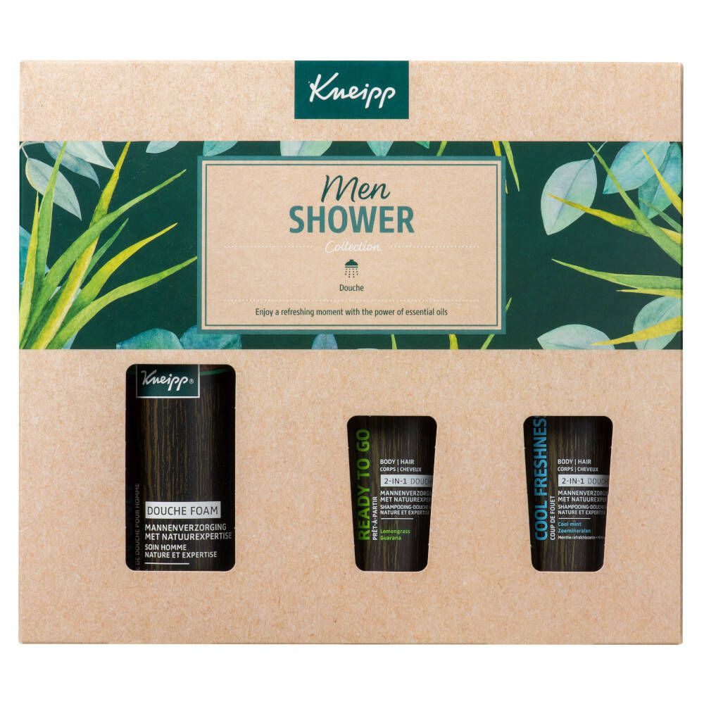 Kneipp® Men cadeauverpakking. Kartonnen verpakking met drie producten. Opschrift: Men Shower. Producten: Doucheschuim, 2-in-1 douchegel.
