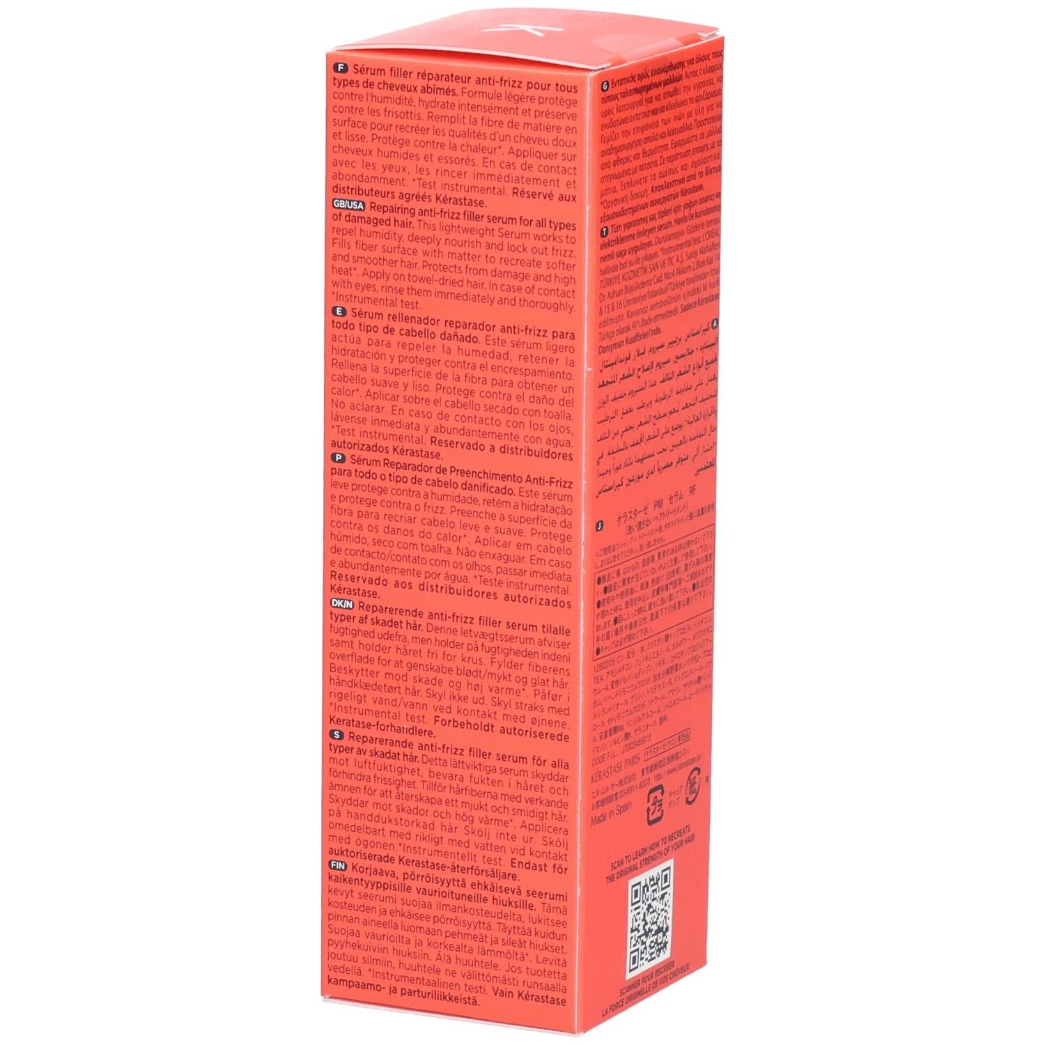Rote Verpackung mit mehrsprachigen Produktinformationen für ein Anti-Frizz-Haarserum.