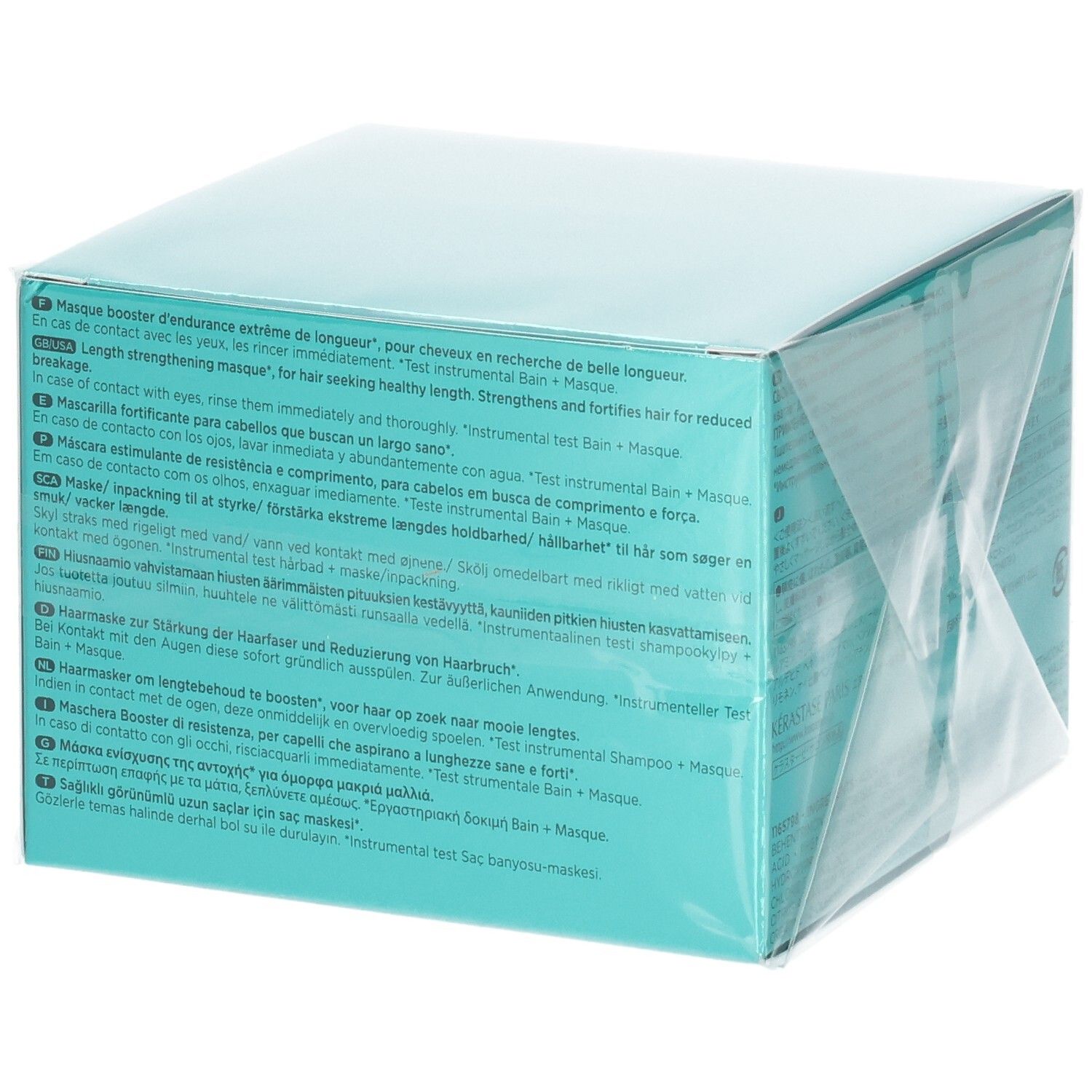 Kérastase Résistance Masque Extentioniste Verpackung, Seite mit mehrsprachigen Produktbeschreibungen.