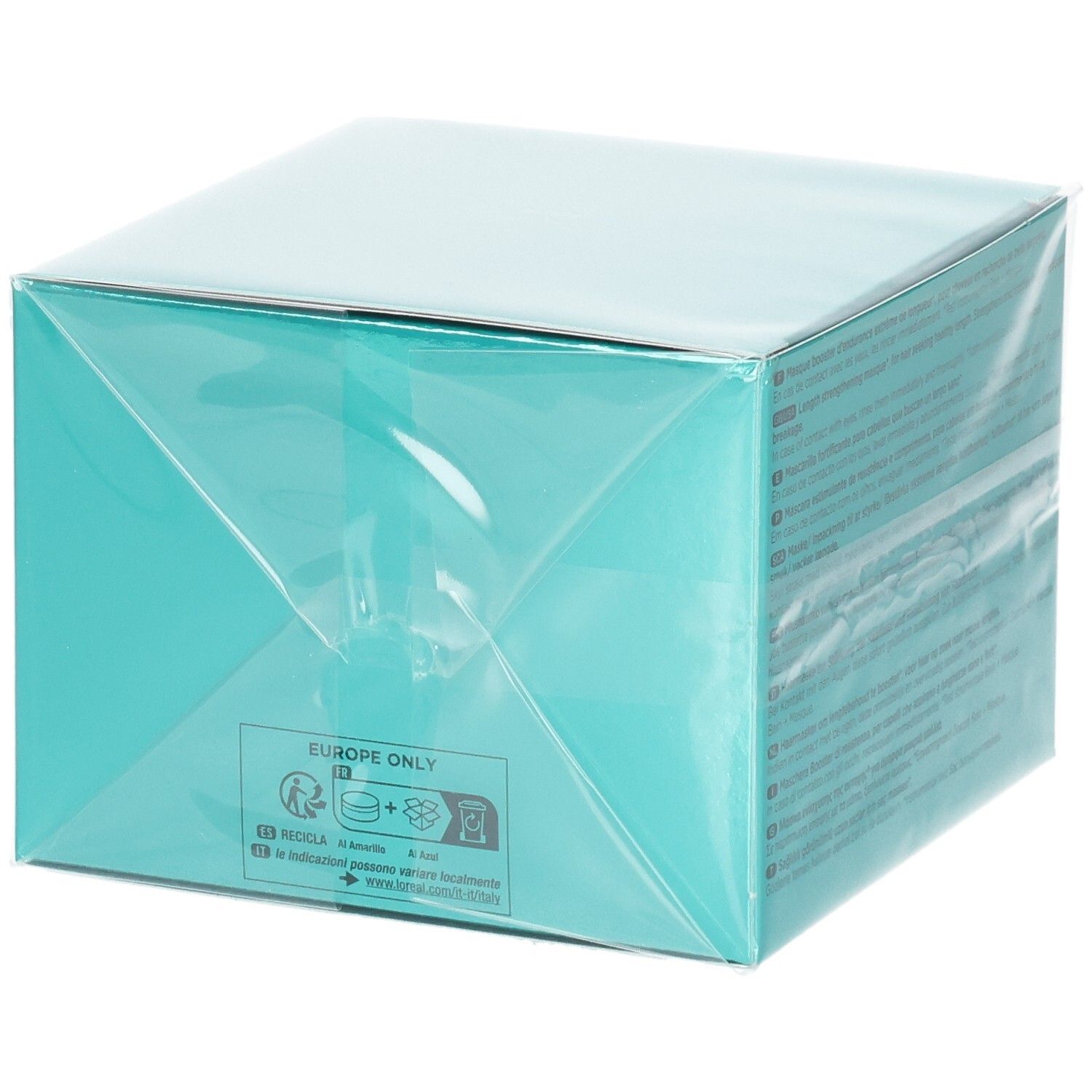 Kérastase Résistance Masque Extentioniste Verpackung, Seite mit Recycling-Symbolen und "Europe Only".