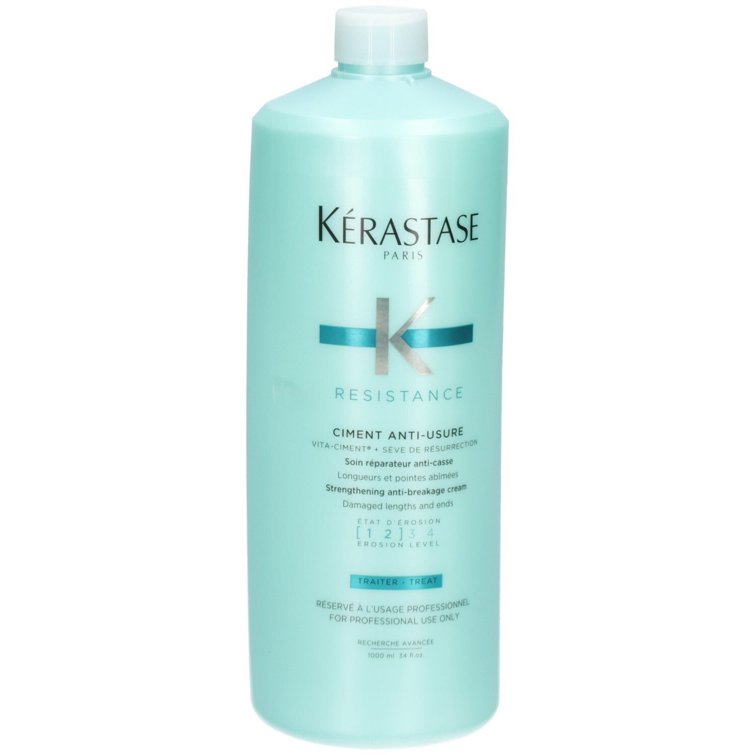 Kérastase Resistance Ciment Anti-Usure Flasche, mintgrün, mit türkisfarbenem Logo und Schriftzug.