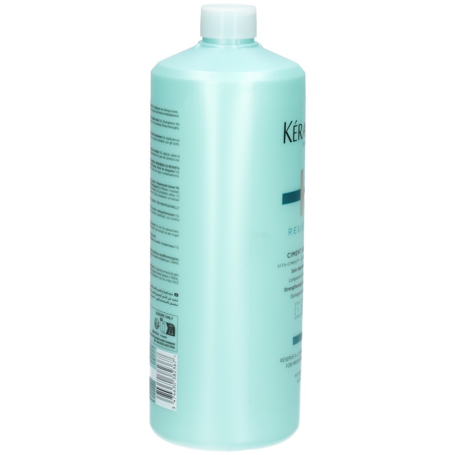 Rückseite Kérastase Resistance Ciment Anti-Usure Flakon. Enthält Anwendungshinweise und Inhaltsstoffe.