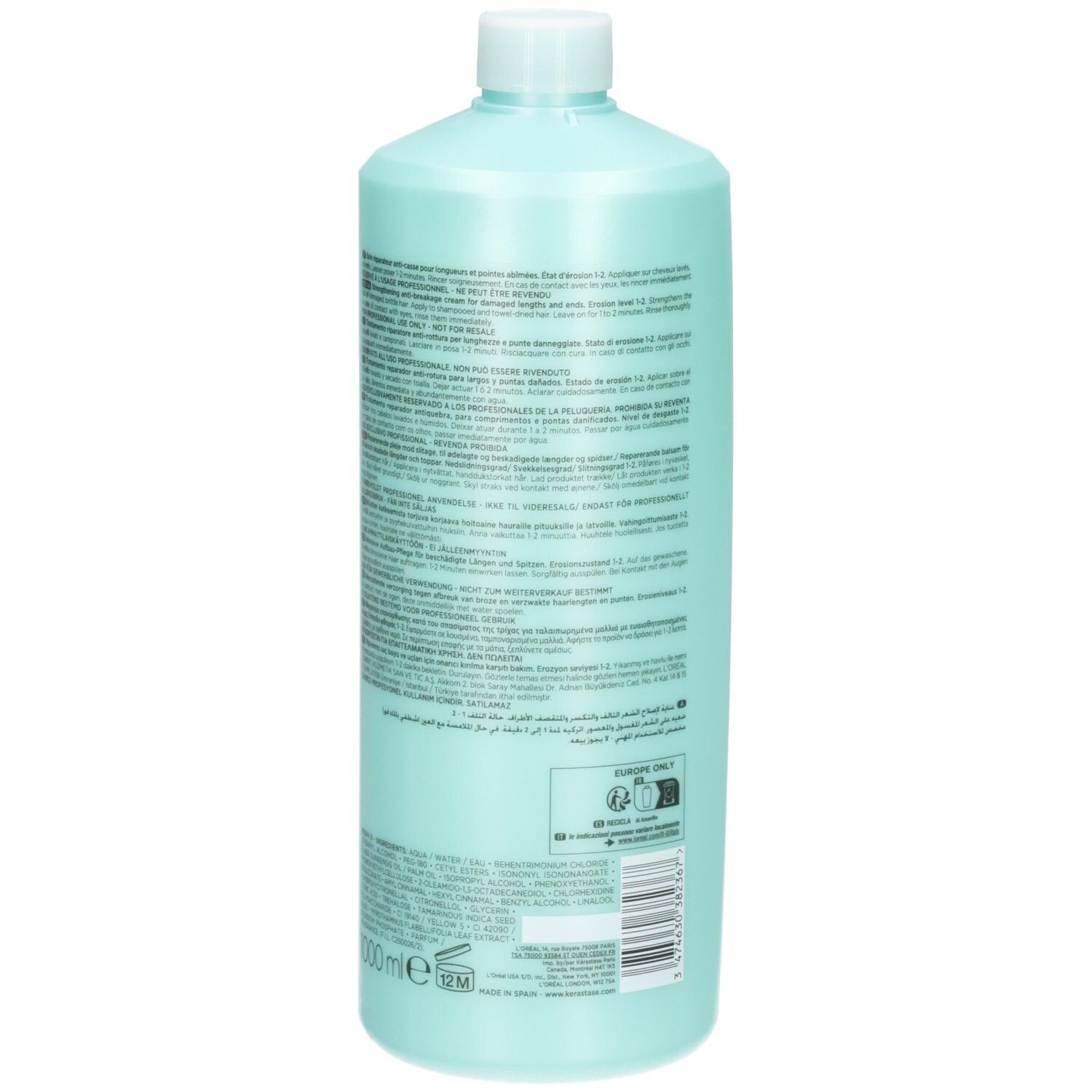 Rückseite einer mintgrünen Kérastase Resistance Ciment Anti-Usure Flasche mit Produktinformationen und Barcode.