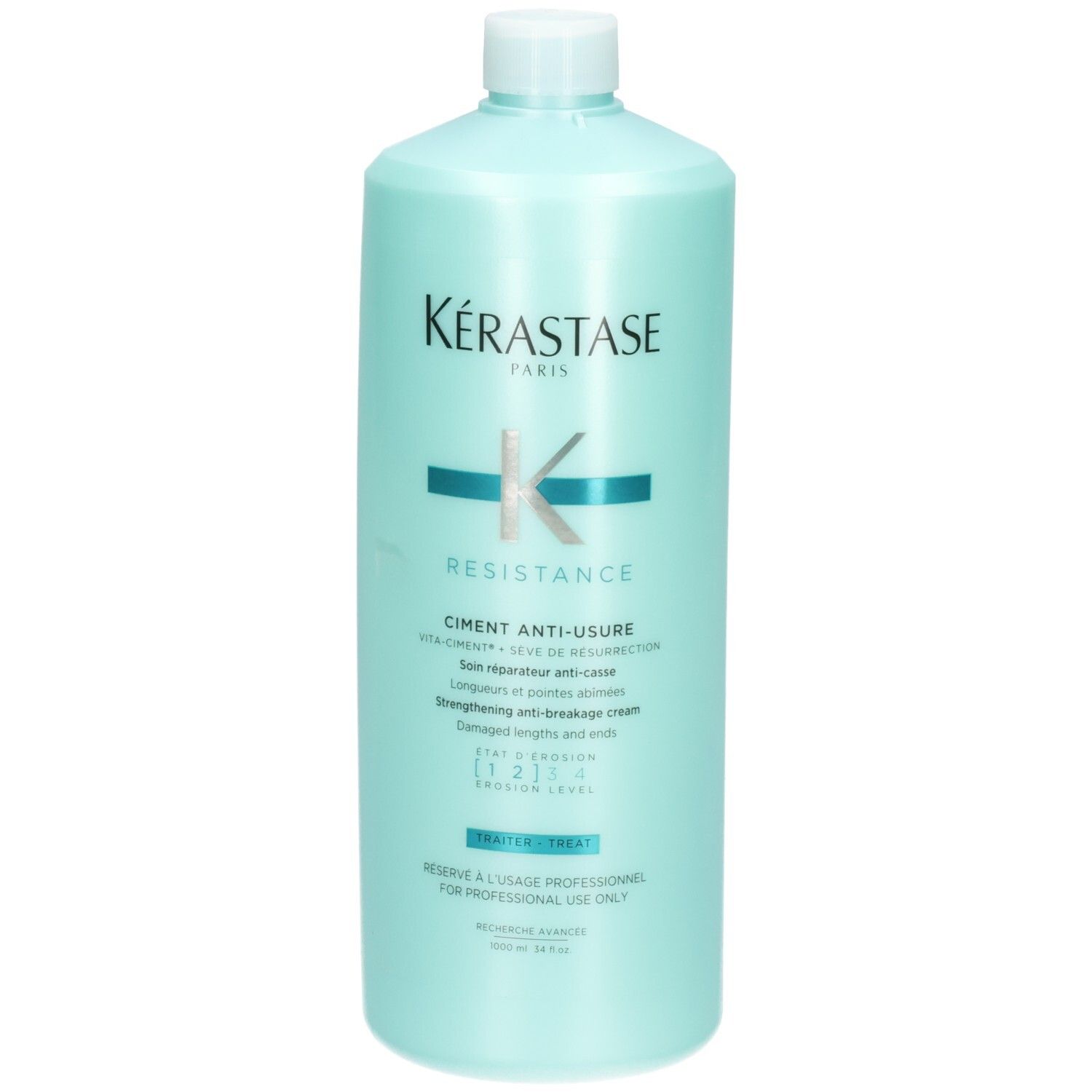 Kérastase Resistance Ciment Anti-Usure Flasche, mintgrün, mit türkisfarbenem Logo und Schriftzug.