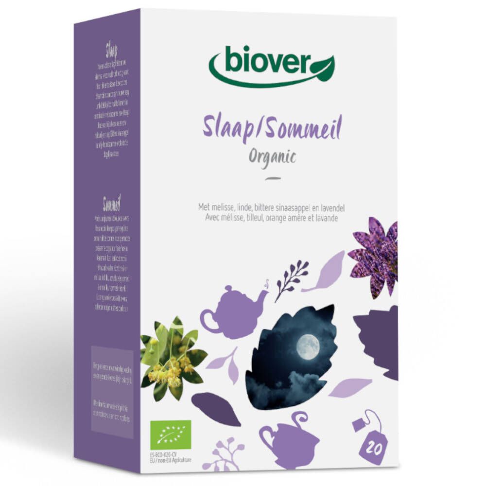 Boîte de thé Biover Schlaf/Sommeil. Inscriptions : 'Slaap/Sommeil Organic', 20 sachets, label bio.