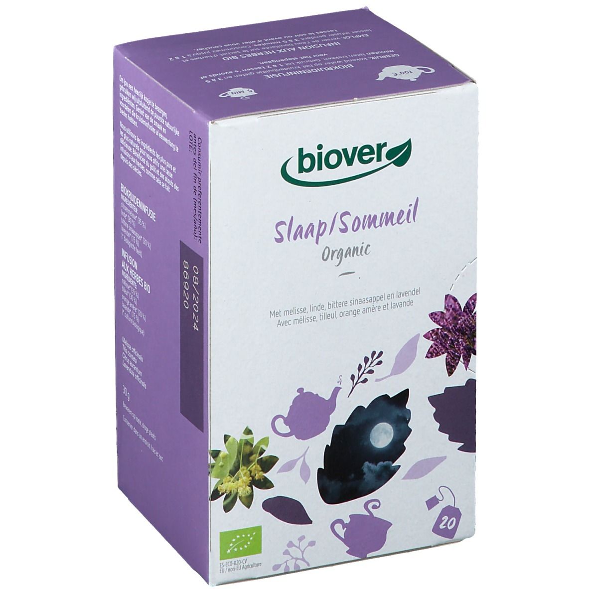 Boîte de thé Biover Schlaf/Sommeil. Inscriptions : 'Slaap/Sommeil Organic', 20 sachets, label bio.