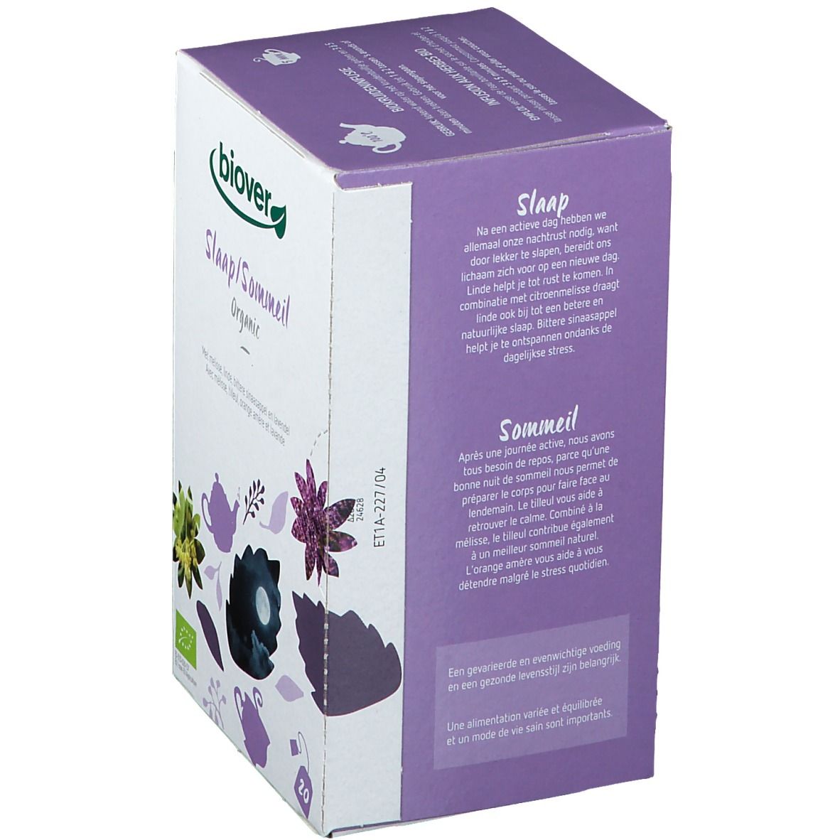 Boîte de thé Biover Schlaf/Sommeil. Inscriptions : 'Slaap/Sommeil Organic', 20 sachets, label bio.