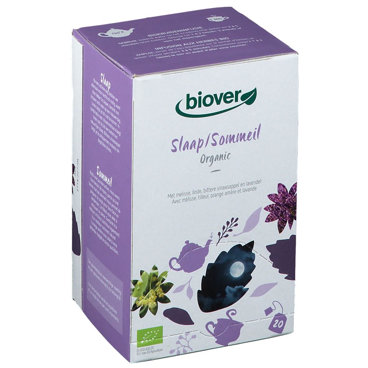 Boîte de thé Biover Schlaf/Sommeil. Inscriptions : 'Slaap/Sommeil Organic', 20 sachets, label bio.