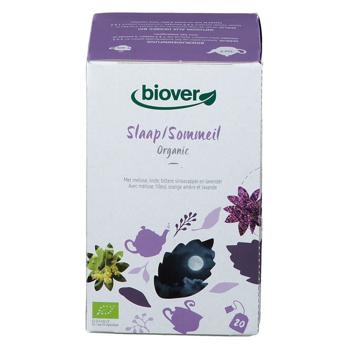 Boîte de thé Biover Schlaf/Sommeil. Inscriptions : 'Slaap/Sommeil Organic', 20 sachets, label bio.