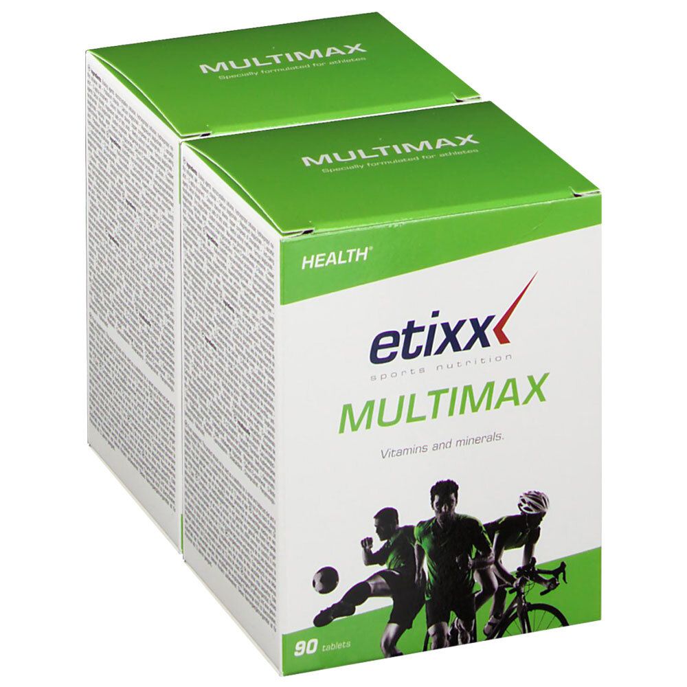 Boîte Etixx Multimax. Emballage blanc et vert. Inscriptions MULTIMAX, etixx et HEALTH. Illustration d'athlètes pratiquant divers sports.