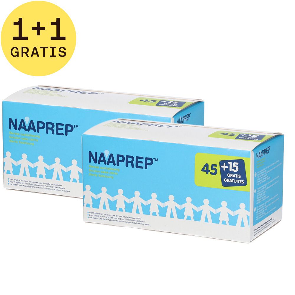 Twee blauwe dozen met NAAPREP. Eén toont "45 + 15 GRATUITES". Links boven: "1+1 GRATUIT". 