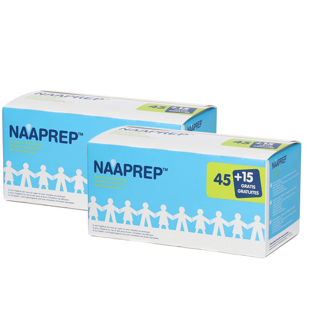 Twee blauwe dozen met NAAPREP. Eén toont "45 + 15 GRATUITES".