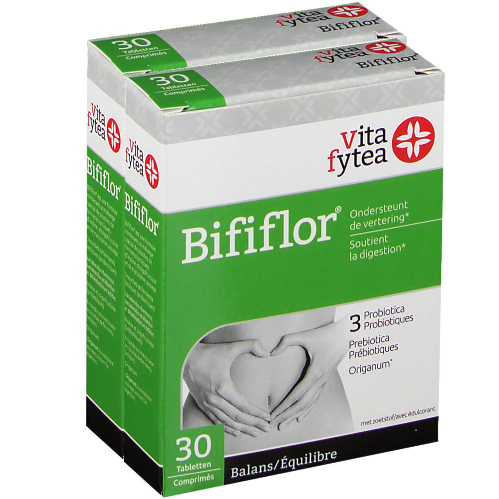 Boîte de Bififlor. Design vert et blanc avec nom et logo du produit. Contient 30 comprimés. Illustration d'un ventre avec des mains.