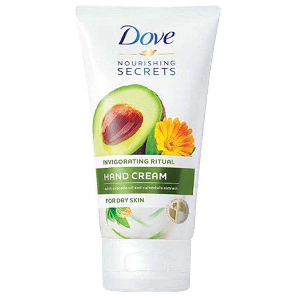 Crèmetube met avocado en goudsbloem. Tekst: Dove Nourishing Secrets Invigorating Ritual Hand Cream.